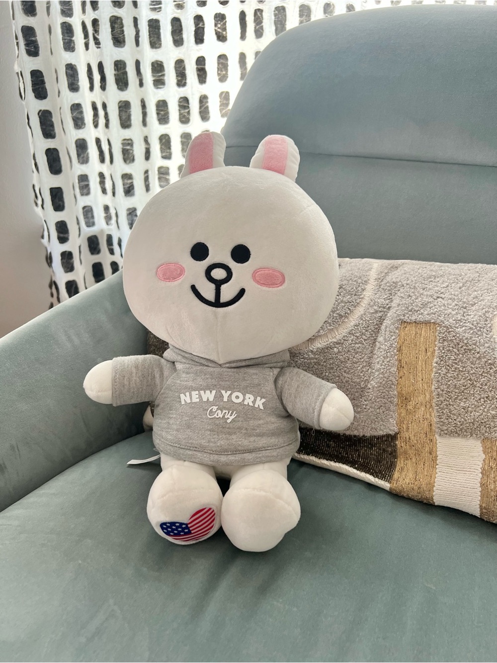 LINE FRIENDS Plush Bunny with White Fur and Gray Hoodie
